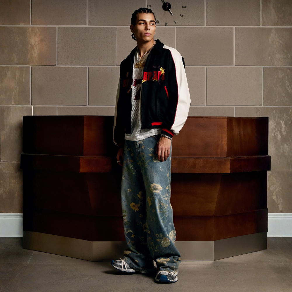 Denim Floral Print Jeans - Blue