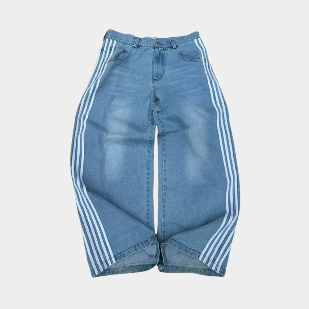Embroidered Striped Baggy Jeans - Blue