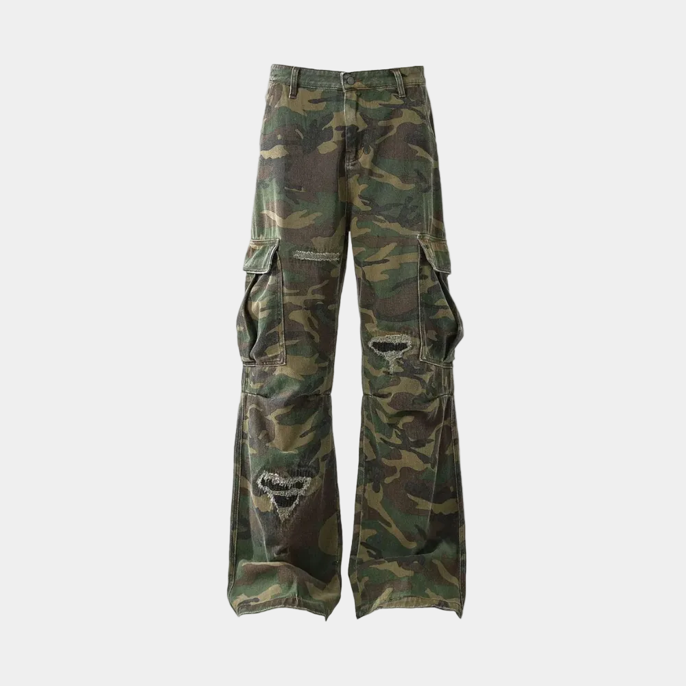 Woven Ripped Camouflage Flared Cargo Pants
