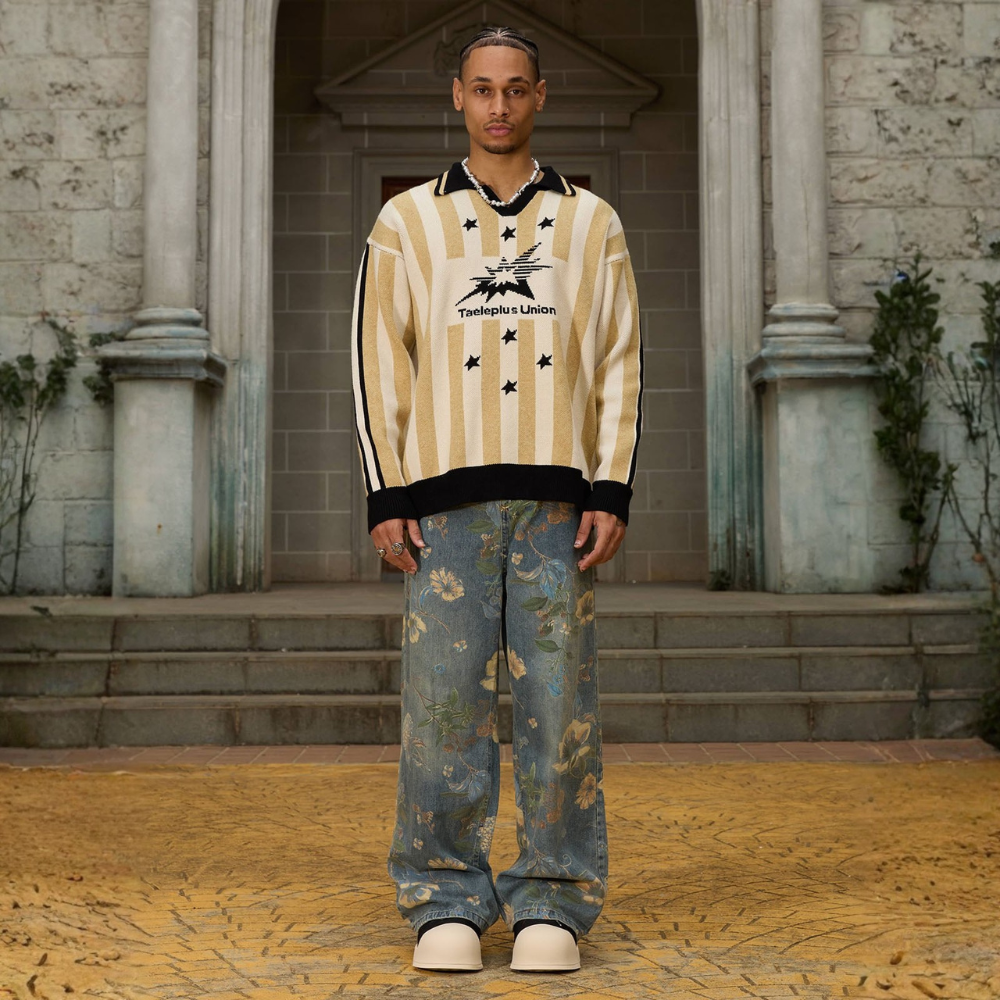 Denim Floral Print Jeans - Blue