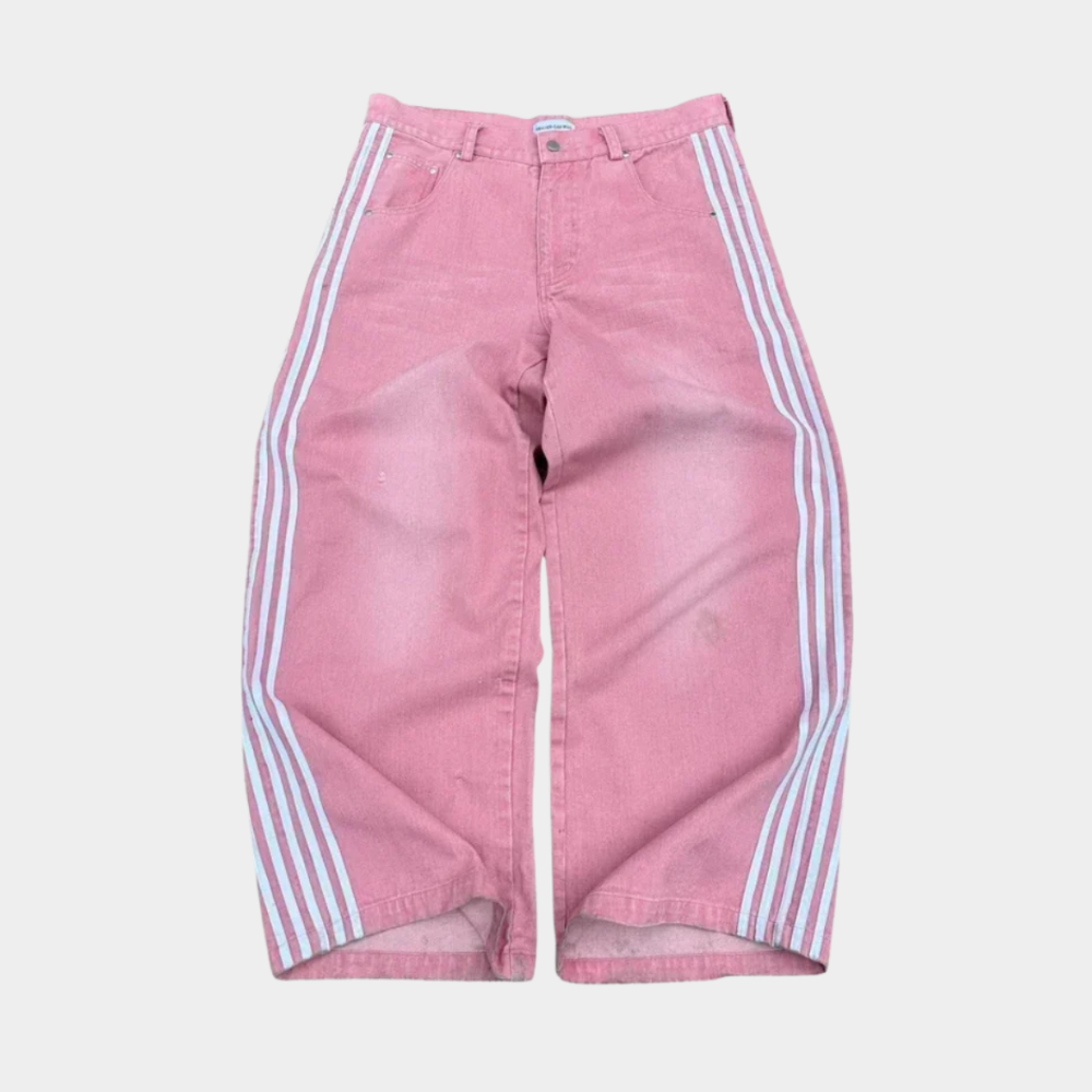 Embroidered Striped Baggy Jeans - Black/White