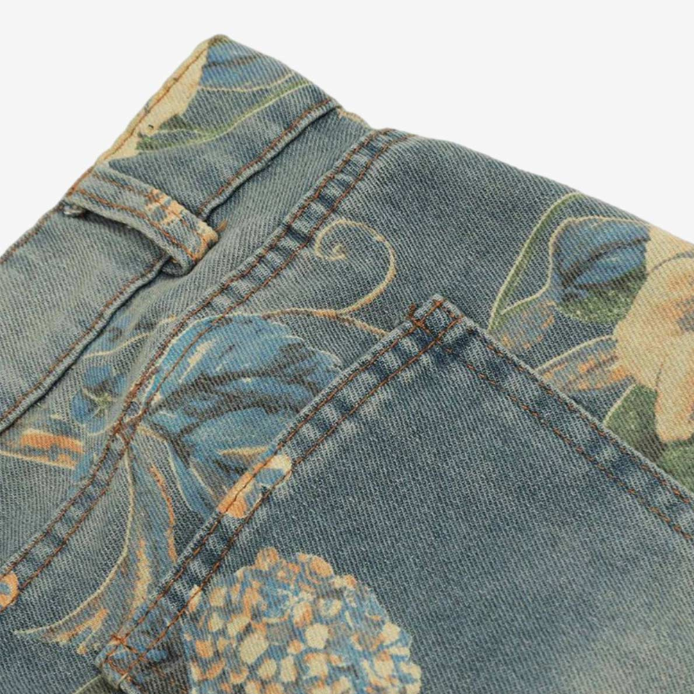 Denim Floral Print Jeans - Blue