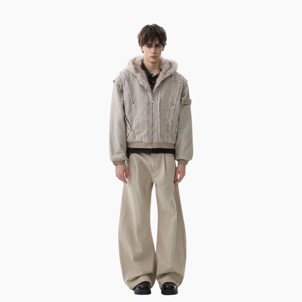 Retro Washed Fleece-lined Hooded Work Jacket