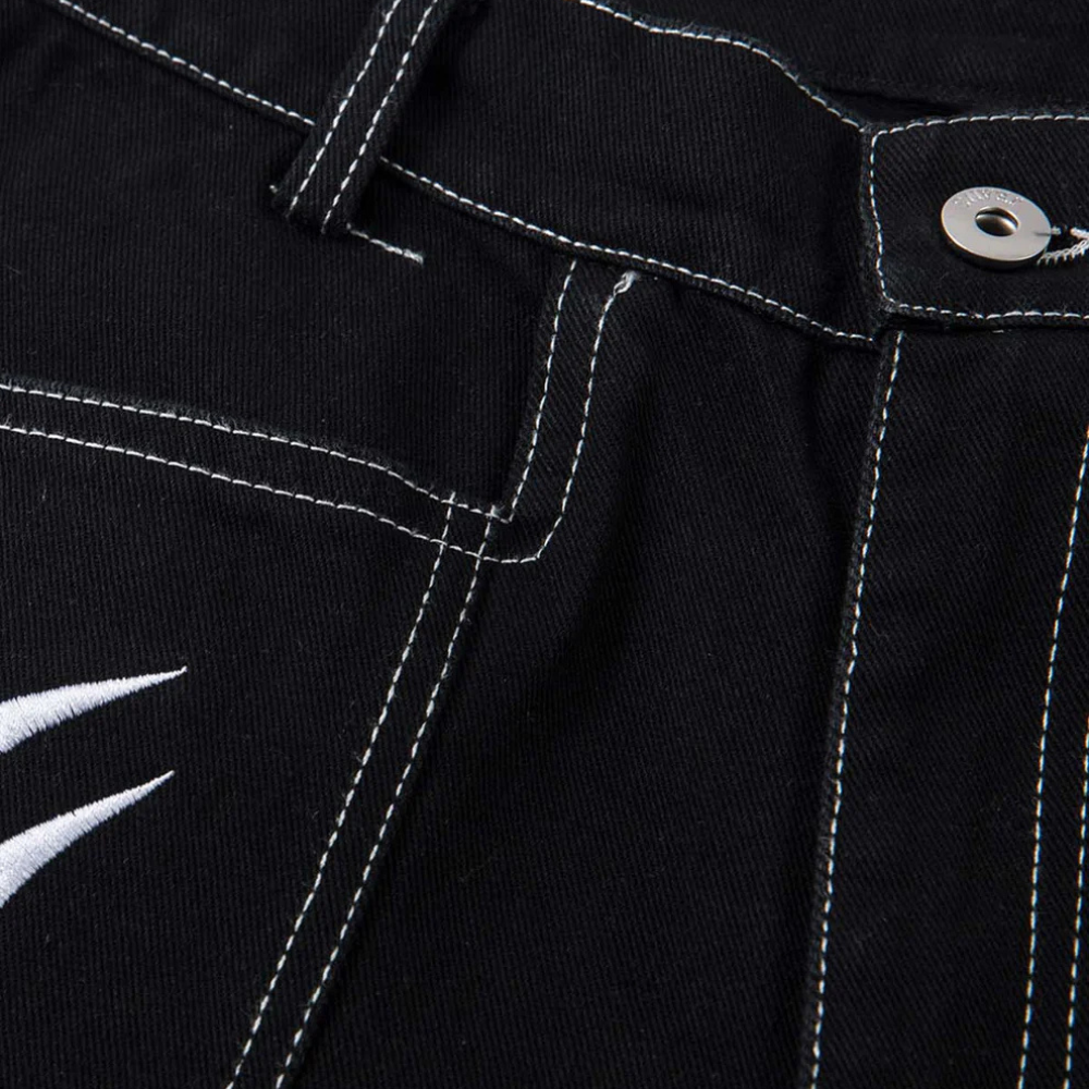 Deconstructed Contrast Embroidered Baggy Jeans