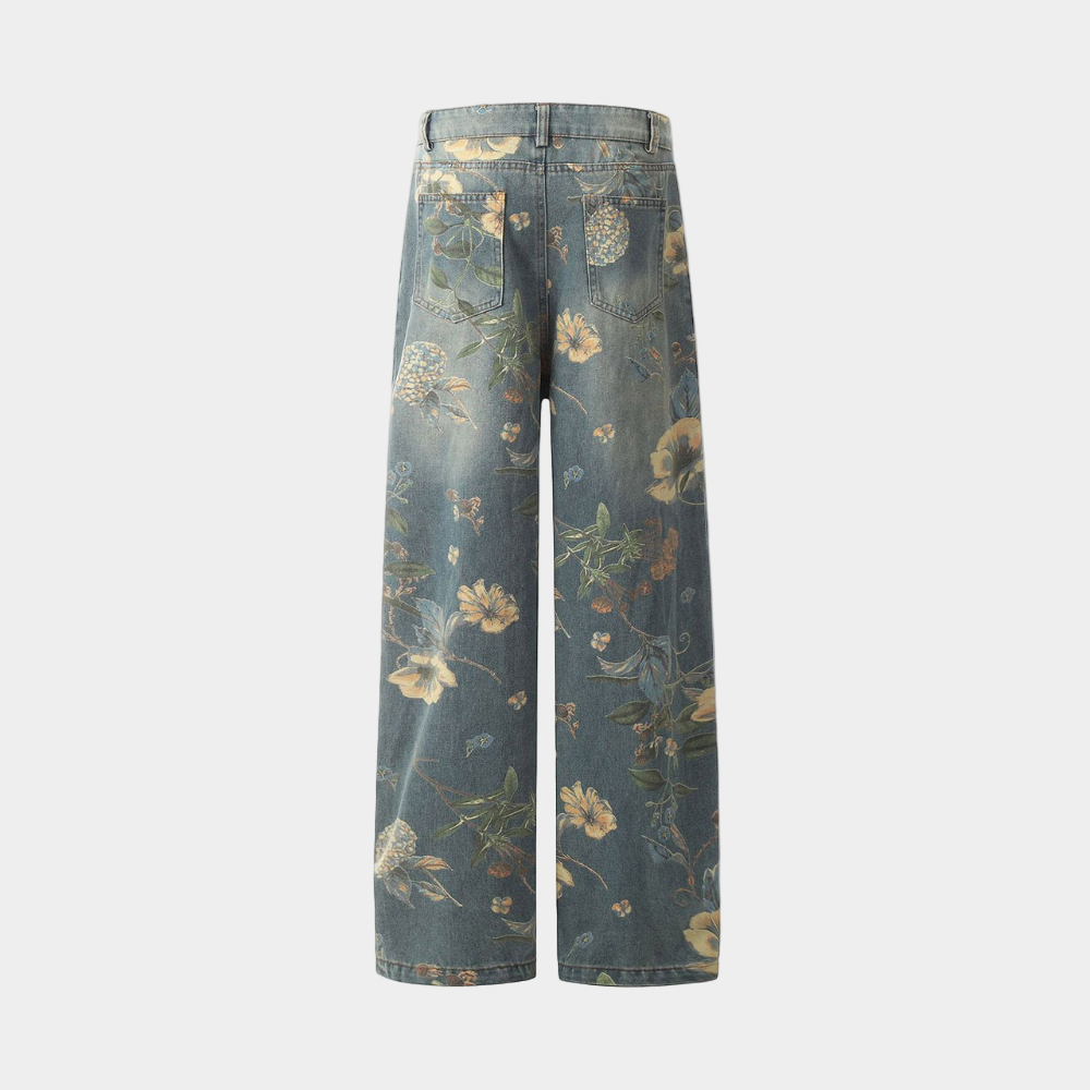 Denim Floral Print Jeans - Blue