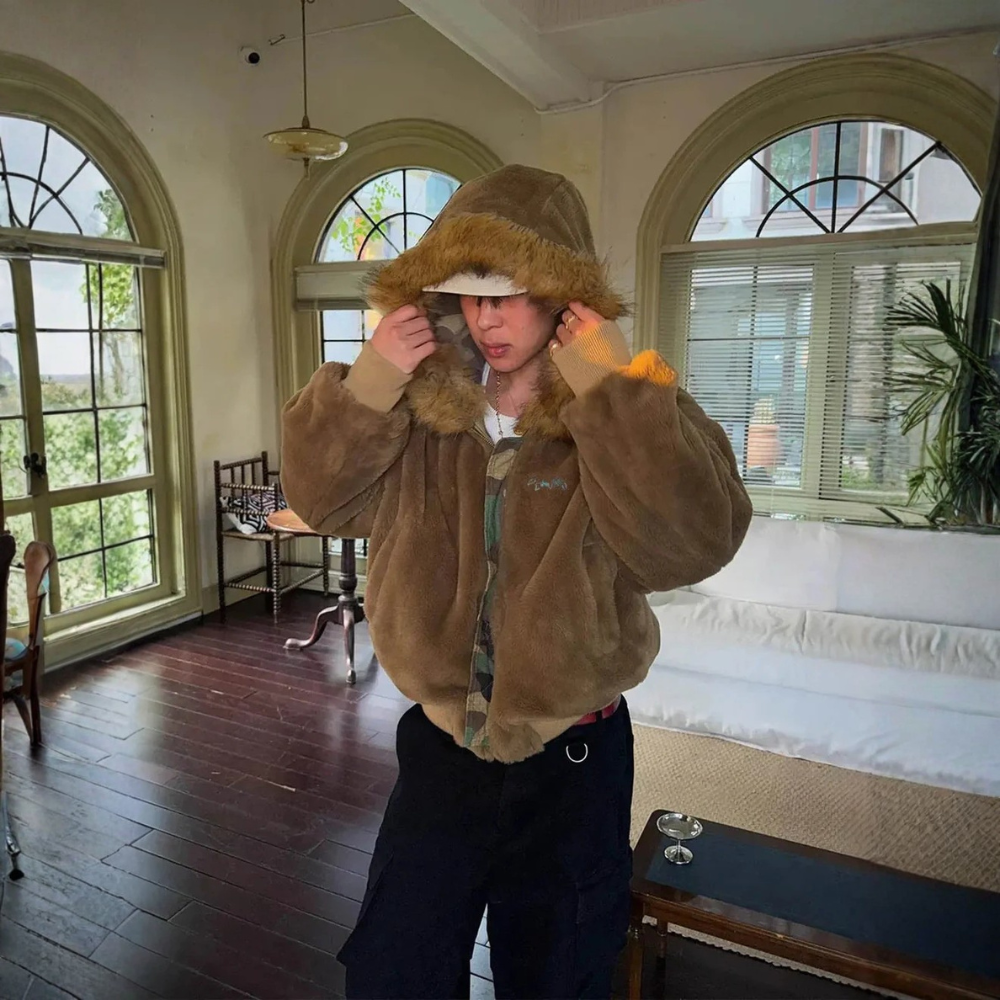 Camouflage Fur Collar Reversible Cotton Jacket