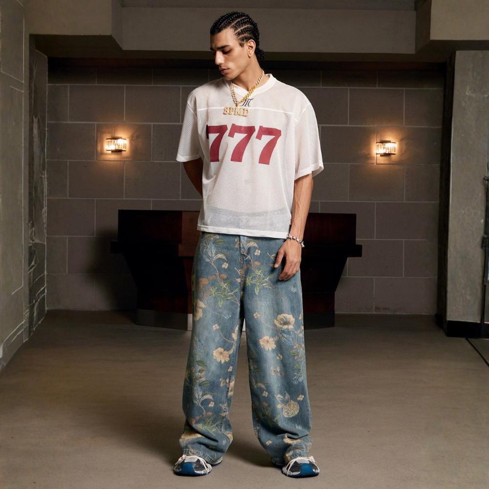 Denim Floral Print Jeans - Blue