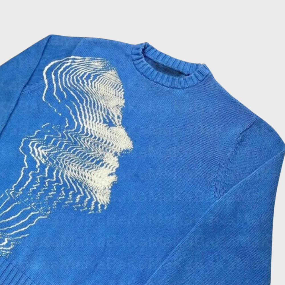 'Vibrations' Graphic Knitted Sweater - Ocean Blue