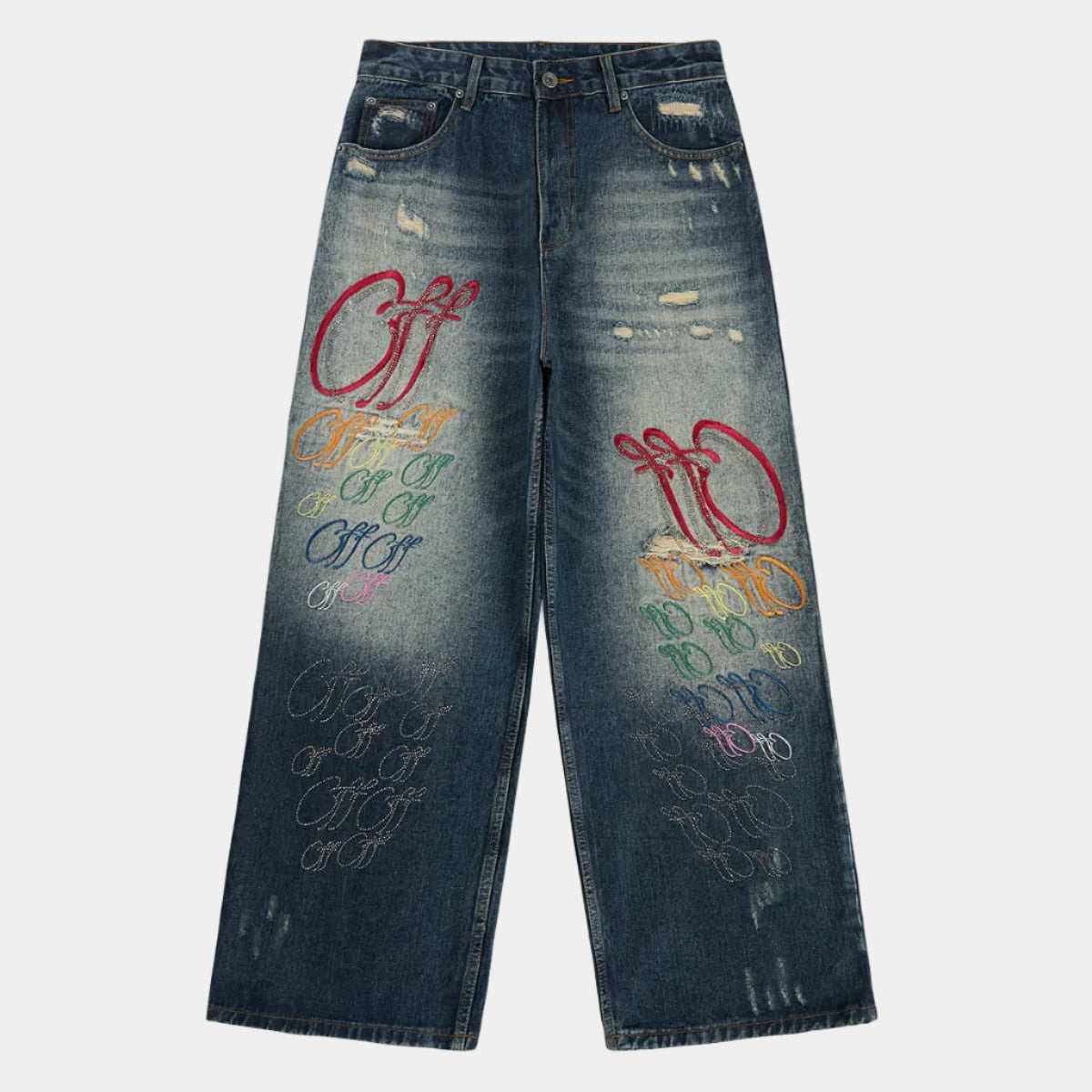 Retro Rhinestone Letter Embroidery Distressed Baggy Jeans
