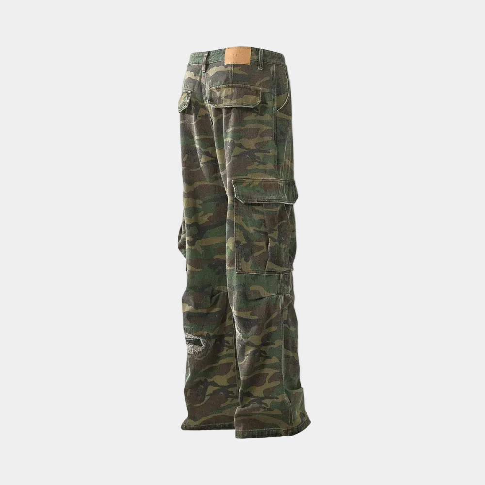 Woven Ripped Camouflage Flared Cargo Pants