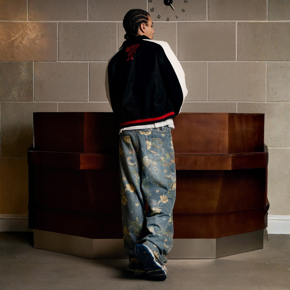 Denim Floral Print Jeans - Blue