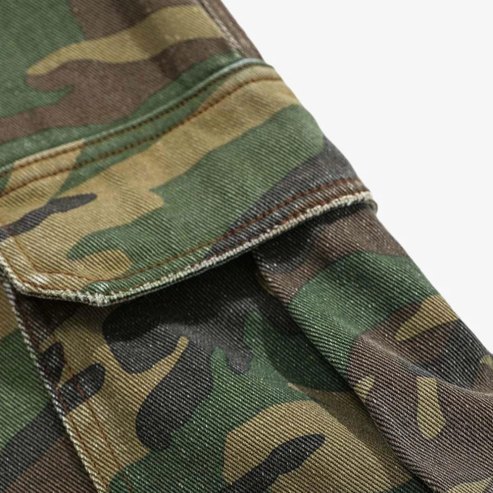 Woven Ripped Camouflage Flared Cargo Pants