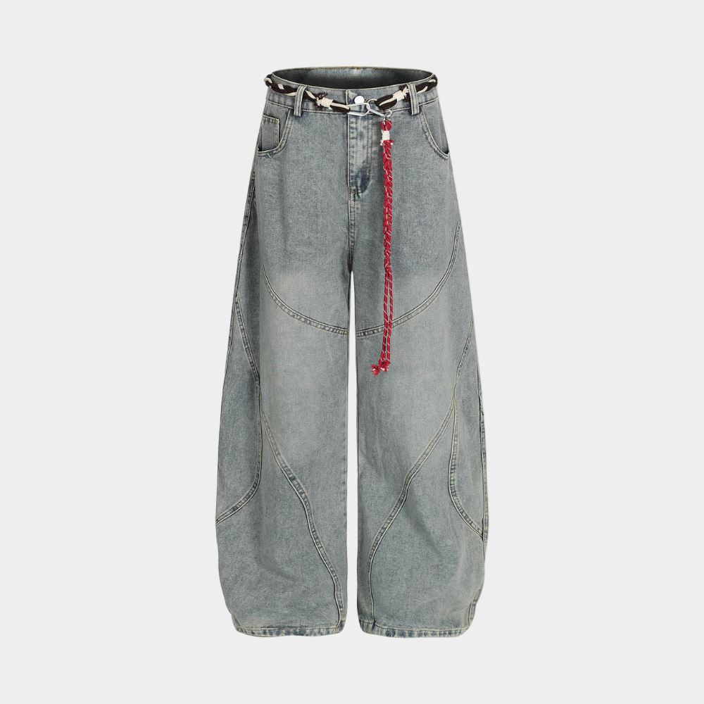 Retro Patchwork Barrel Jeans - Blue