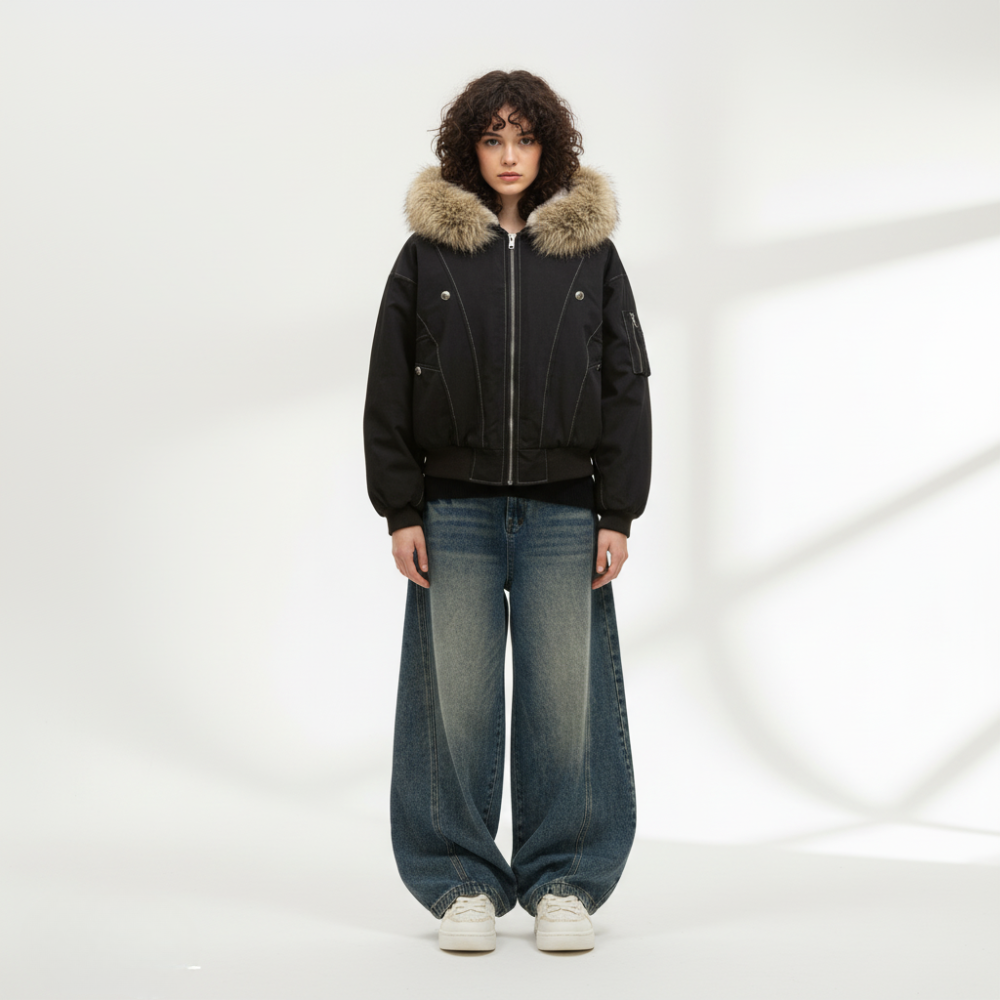 Hooded Faux Fur Bomber - Black