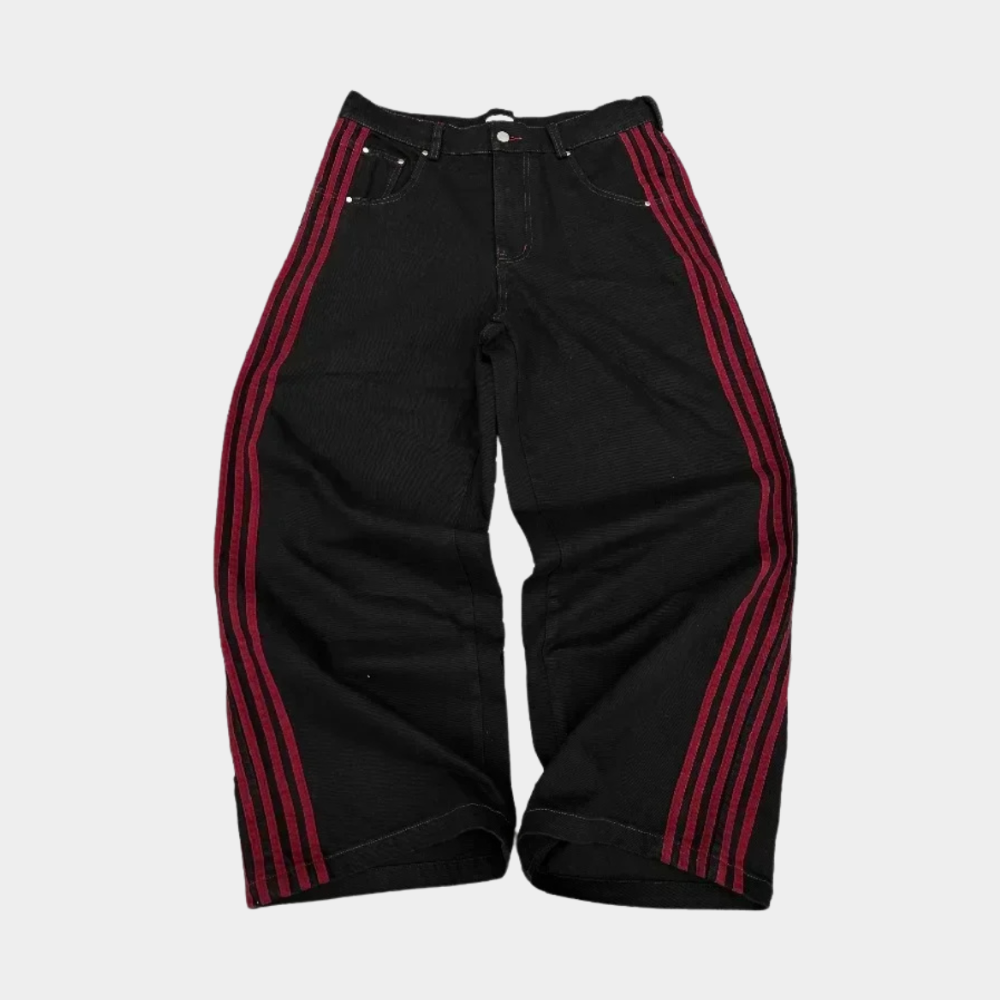 Embroidered Striped Baggy Jeans - Black/White