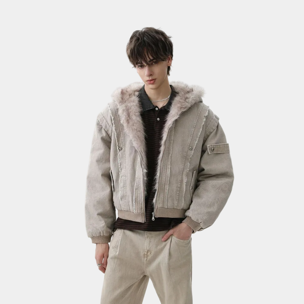 Retro Washed Fleece-lined Hooded Work Jacket