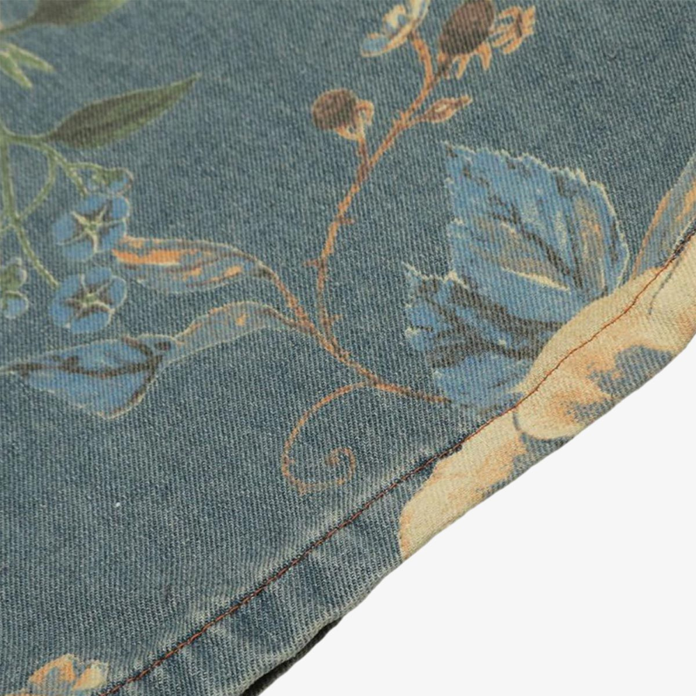 Denim Floral Print Jeans - Blue