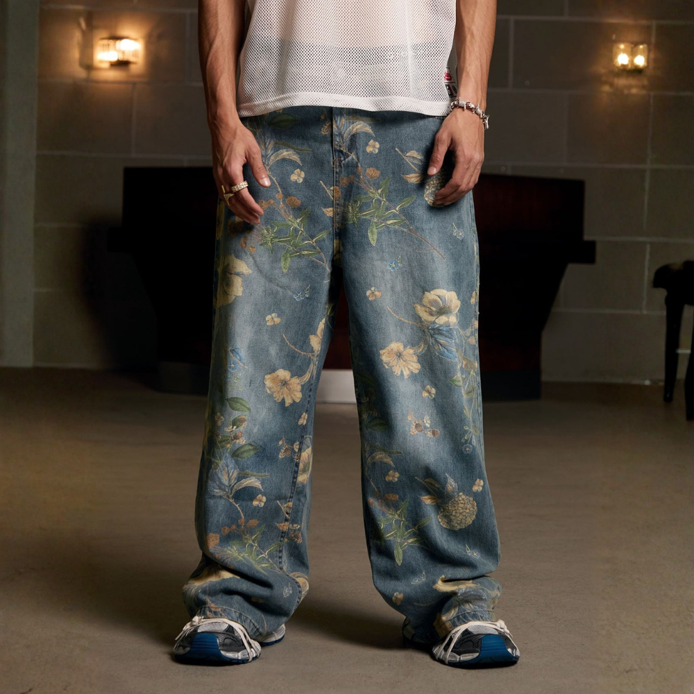 Denim Floral Print Jeans - Blue