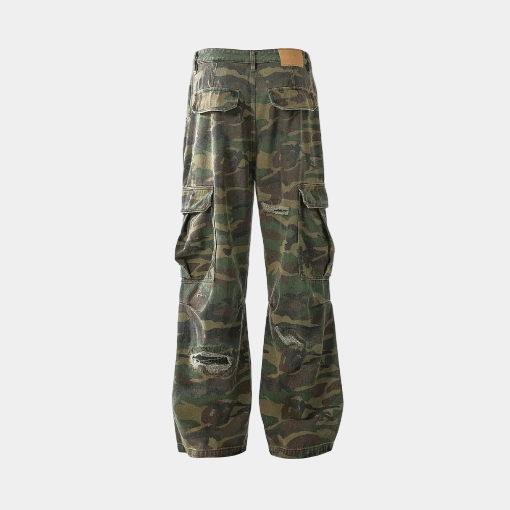 Woven Ripped Camouflage Flared Cargo Pants